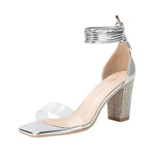 Silver Rhinestone Block Heeled Sandal Clear Strappy Open Square Toe 2.75” Heel